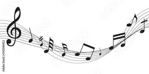 Wave note pattern, nature lines with notes and treble clef sign. Abstract black and white composition, modern graphic ornament, musician key. Classic melody, vector graphic illustration