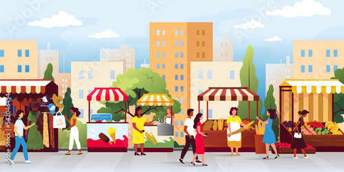 Traditional vegetable market. Sellers booth. Agriculture food fair trade. Grocery kiosks. City marketplace. People walking and shopping in bazaar stalls. Vector illustration background