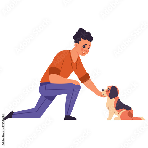 Dog owner. Man with little puppy. Domestic animal and people friendship. Cheerful character sitting near his friendly pet. Canine instructor teaching doggy. Vector cartoon flat illustration