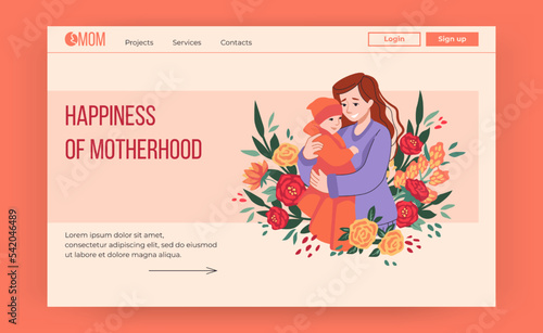 Happy mother website. Young mom hugs daughter. Parent love concept, women and little girl, motherhood banner. Cartoon people and flowers bouquet. Landing page template. Vector illustration