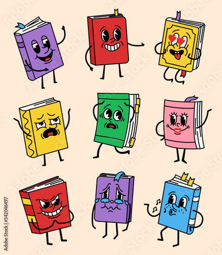 Book characters. Happy emoji. Library mascot. Old paper textbooks with kids faces. School education literature. Cheerful and angry persons. Emotion expressions. Vector cartoon icons set