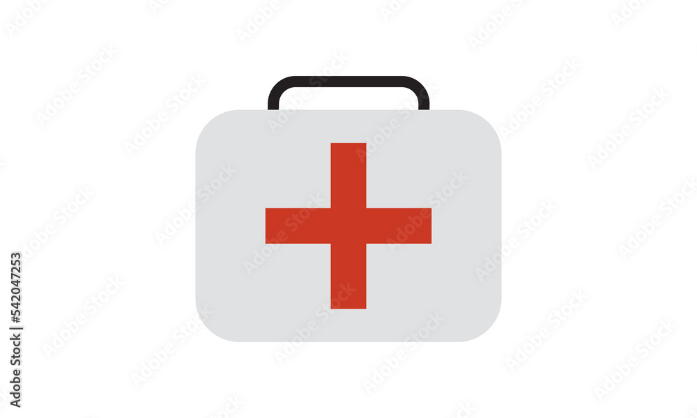 White first aid kit isolated on blue background. Health, help and medical diagnostics concept. Flat design. Vector illustration. White first aid kit isolated on blue background. Health, help and medical diagnostics concept. Flat design. Vector illustration.