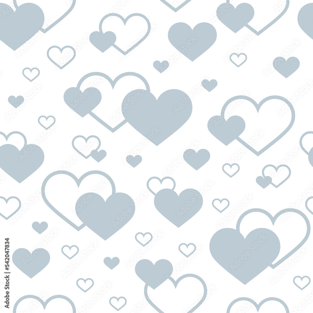 Seamless vector pattern. Gray hearts and outlines hearts on a white background. Holidays illustration. For holiday designs, greeting cards, prints, designer packaging, stylish textile, and fabric.