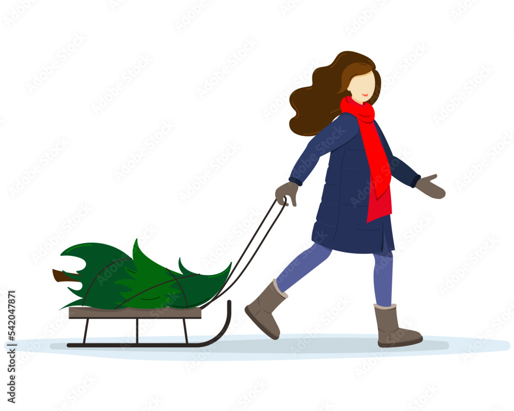 Fototapeta premium A GIRL IN A RED SCARF CARRIES A CHRISTMAS TREE ON A SLEIGH HOME IN WINTER TO DECORATE FOR THE CHRISTMAS HOLIDAY. ILLUSTRATION FLAT STYLE.
