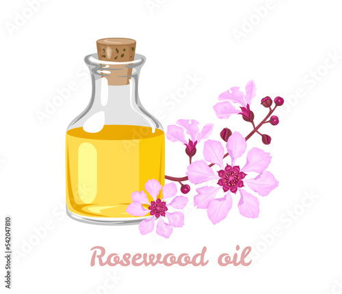 Rosewood essential oil in glass bottle and pink flowers. Floral vector cartoon illustration.