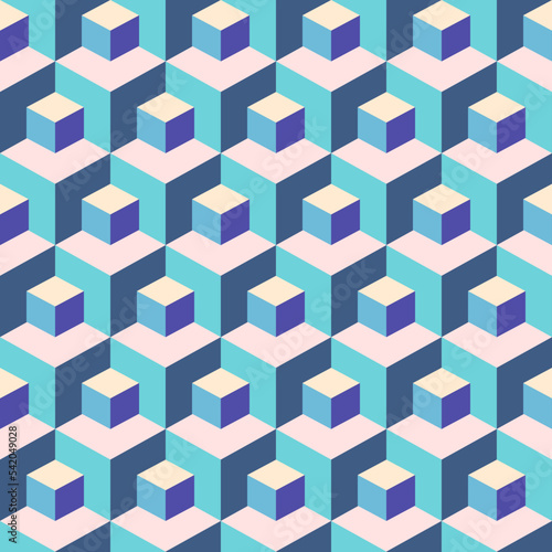 Abstract isometric seamless pattern of small and large blue cubes. Vector background