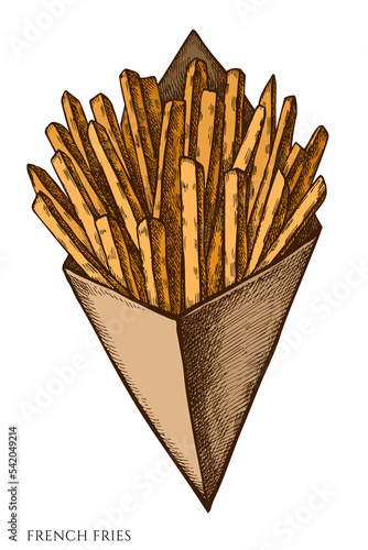 Carnival food hand drawn vector illustrations collection. Colored french fries.