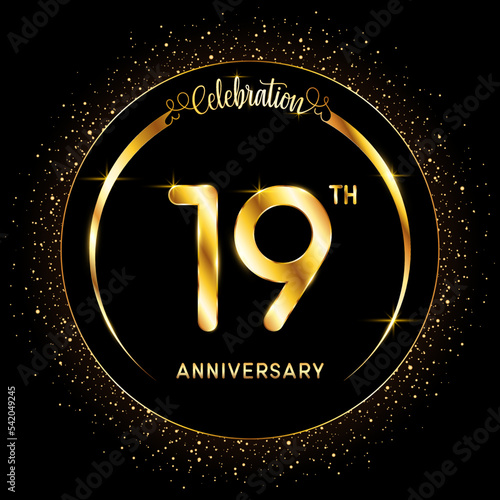 19th Anniversary. Perfect logo design to celebrate Anniversary with gold color ring, For greeting card, invitation card, flyer, banner, poster, vector illustration