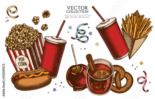 Carnival food vintage illustrations collection. Hand drawn logo designs with french fries, pretzel, popcorn, lemonade, hot dog, mulled wine, caramel apple, ribbons.