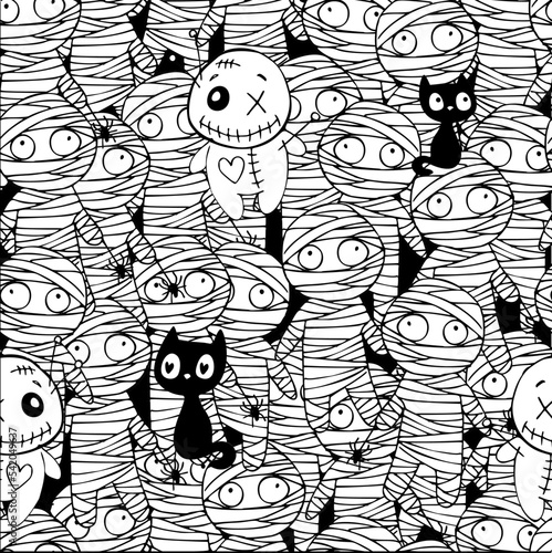 Vector seamless pattern with cute mummy and voodoo doll . Halloween holidays cartoon character background.