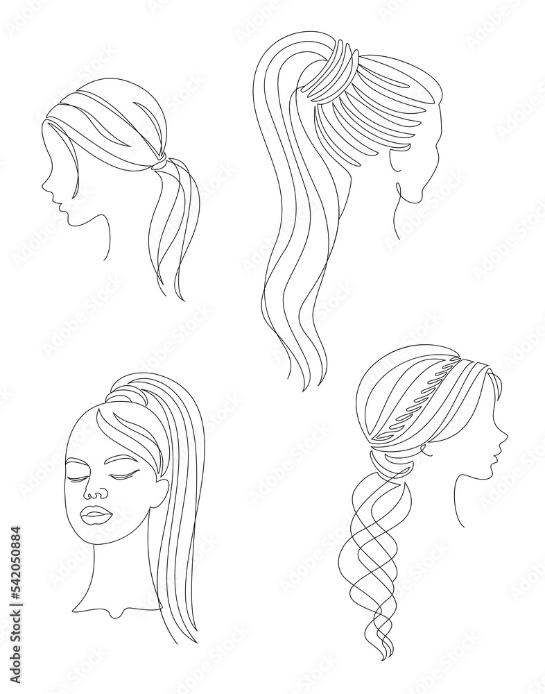 Collection. Female profile silhouettes in modern one line style. Feminine continuous line drawing, decor outline, posters, wall art, stickers, logo. Vector illustration set.