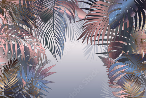 Tropical thickets - vector wallpaper, mural from banana and coconut palms leaves in colorful and multicolor colors. Jungle, and Jungalow Style. Exquisite Botanical Background