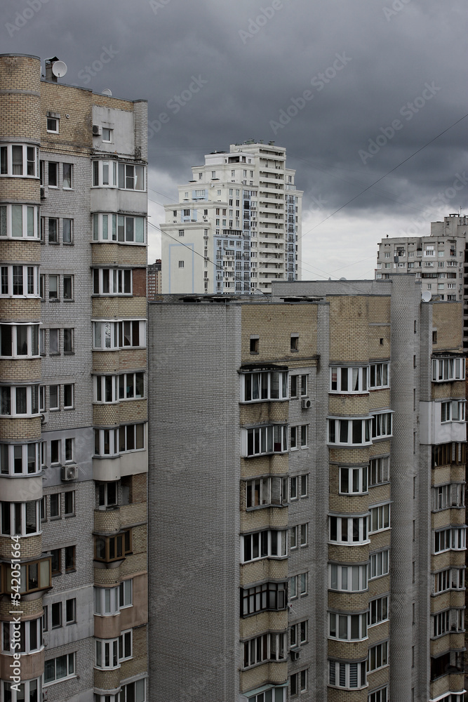 Multi-storey urban building in Eastern Europe of the 80s of the last century vertical stock photo 
