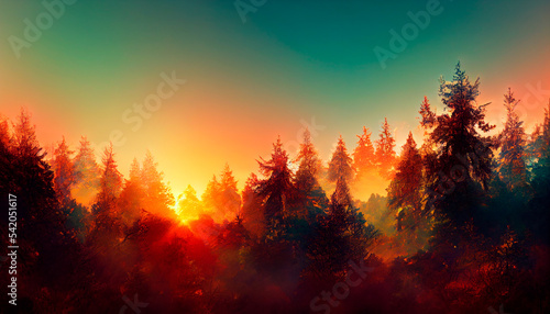 Landscape in green. Wooded mountains, slightly foggy, blue sky, sunrise.