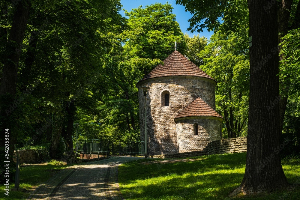 Medieval rotunda at Castle Hill with an alley and trees around in Cieszyn, Silesia, Poland