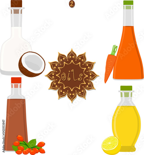 Various sweet tasty oil in glaas bottles photo