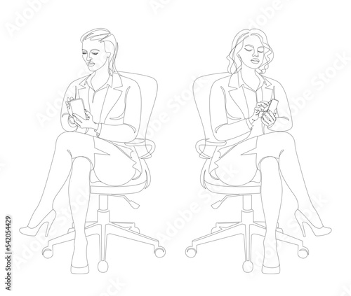 Collection. Silhouette of a girl in a modern single line style. A woman is sitting on a chair, talking on the phone. Continuous line, outline, posters, stickers, logo. Vector illustration set.