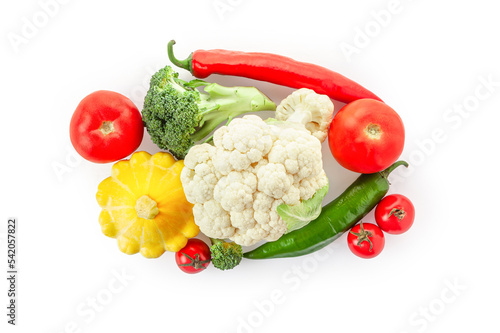 Cauliflower, tomatoes, peppers, broccoli and squash isolated on white