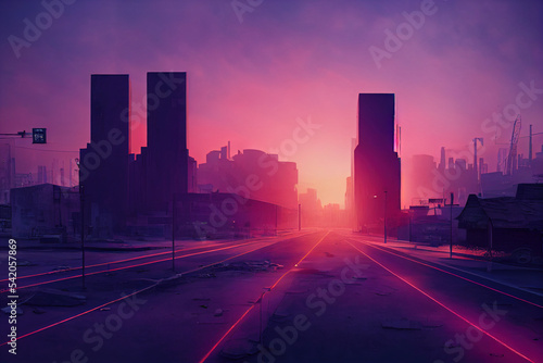 city skyline at sunset. Modern digital art illustration background.