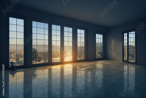 Empty room with big window in loft style.Wooden floor and brick wall in a modern interior.