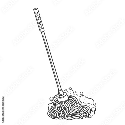 Floor mop outline icon vector illustration. Line hand drawn cleaning tool with handle and soapy foam to wash or clean dirty surfaces of room with water and disinfectant detergent, mop cleanup