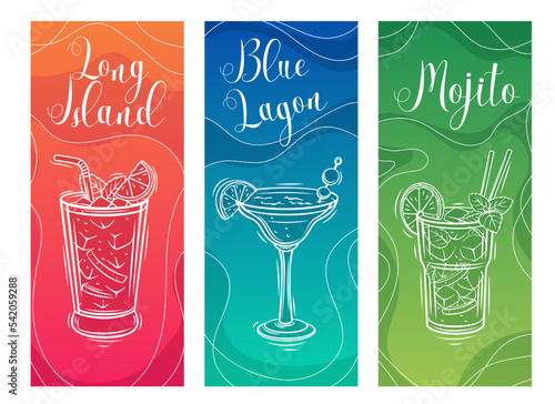 Cocktails, design template set vector illustration. Line hand drawn sketches of long island, mojito and blue lagoon cocktails in alcohol drink cards for bar or restaurant menu, summer beach party