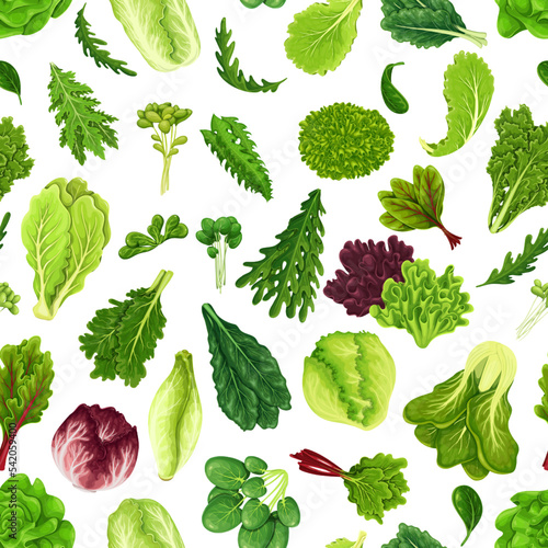 Salad leaf set seamless pattern vector illustration. Cartoon isolated mix of green vegetables and raw leaves of plants, organic vitamin ingredients collection for cooking healthy leafy salad