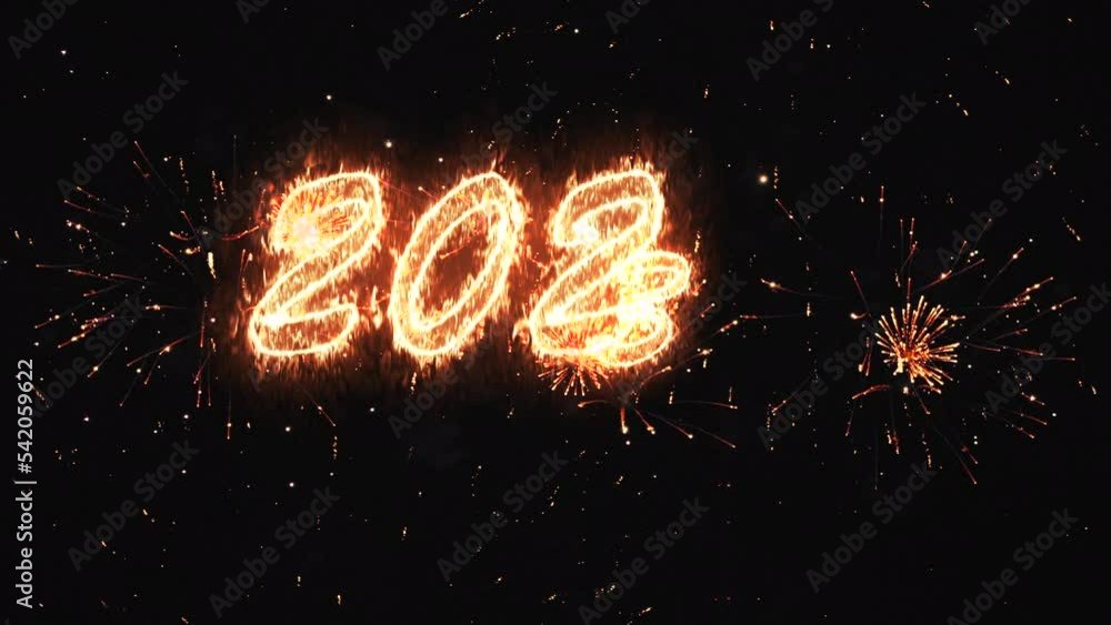 bright golden flashes of fireworks on a black night sky and a burning neon inscription of the number 2023. The general plan bright golden flashes of fireworks on a black night sky and a burning neon inscription of the number 2023. The general plan