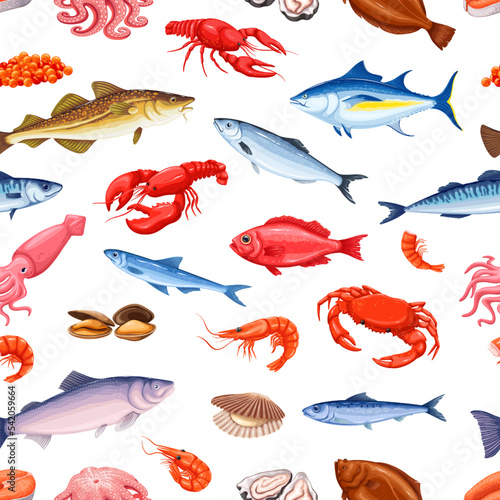 Seafood set seamless pattern vector illustration. Cartoon isolated sea water animals collection for fish seafood market and restaurant menu, fresh crab squid oyster lobster tuna shrimp octopus sardine