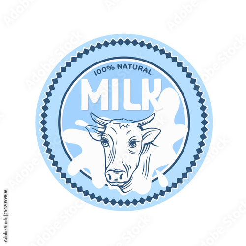 Natural milk, round badge design template vector illustration. Outline hand drawn head of cow, milk splash and text in isolated circle blue label with decorative frame for farm dairy product