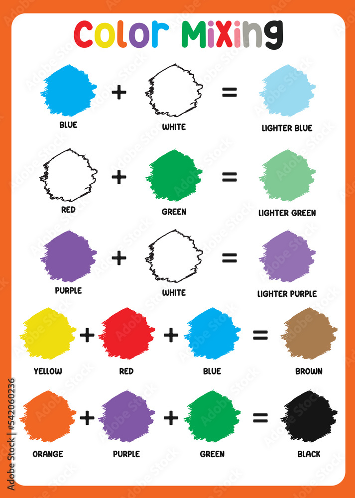 Mixing color worksheet. Learning about color. Mixing colors (primary colors  and secondary colors). Educational sheet for preschool. Vector  illustration. Stock Vector