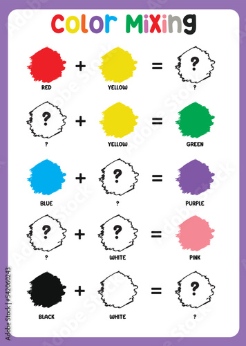 Mixing color worksheet. Learning about color. Mixing colors (primary colors and secondary colors). Educational sheet for preschool. Vector illustration. 