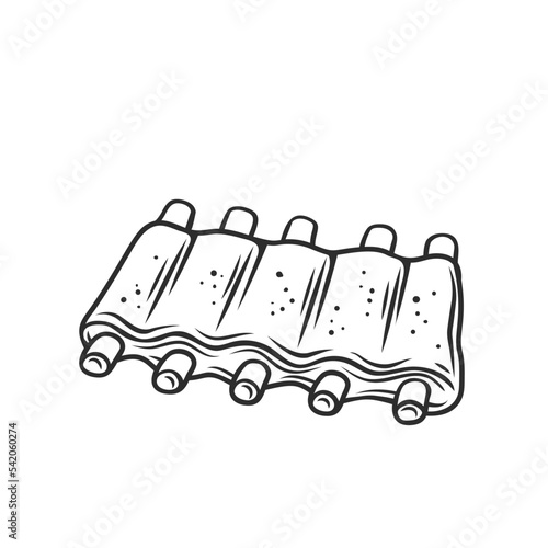Pork ribs for BBQ outline icon vector illustration. Line hand drawn raw or grilled meat with bones, beef or lamb ribs to grill on barbecue party, food ingredient of butchers shop menu or restaurant