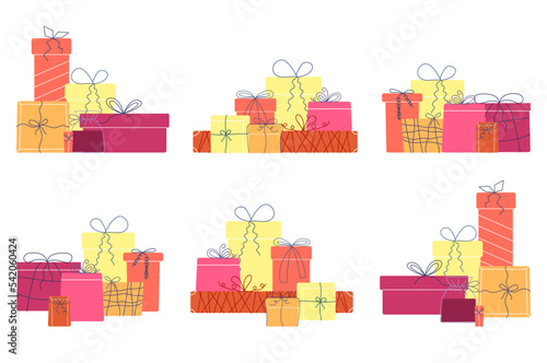 Set of pile of different gift boxes for holiday. Stack of wrapped presents decorated with bows. Colored flat vector illustration of festive packages isolated on white background