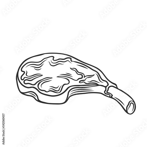 Beef steak outline icon vector illustration. Line hand drawn raw slice of cow meat on rib to grill and cook for steak house restaurant menu, chop product with bone from butchers shop or market