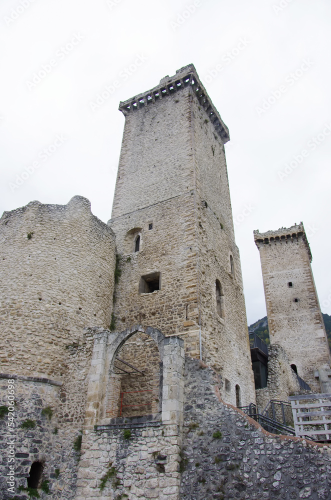Pacentro, Abruzzo - Italy - The imposing towers of the Caldora or Cantelmo Castle overlook the characteristic mountain village	