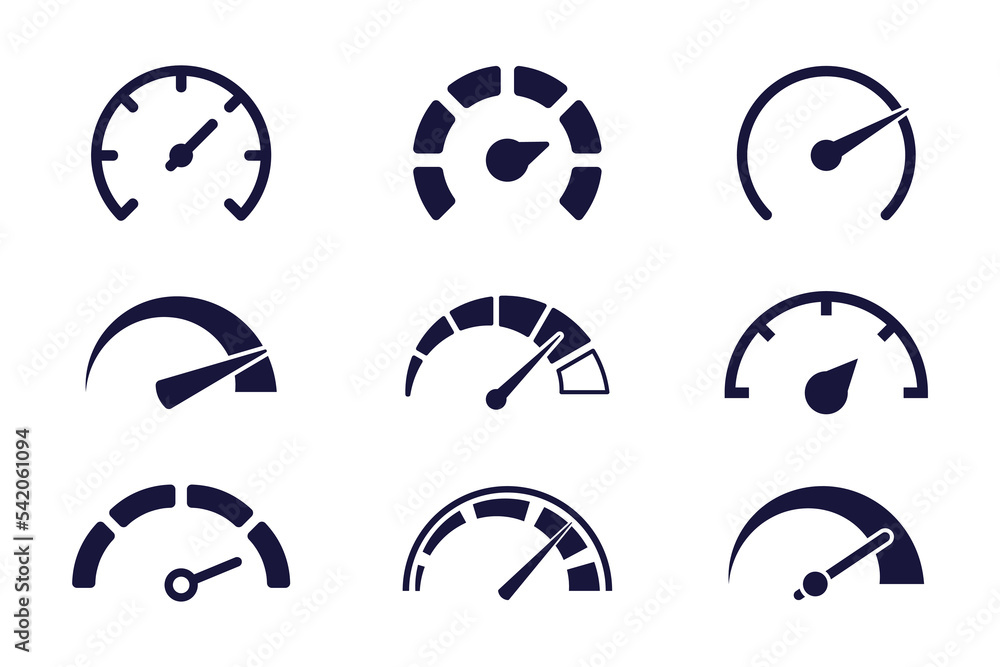 Speed signs. Speedometer black icons set. Speed indicators with arrows. Fast speed. Internet speed, gauge, dashboard, indicator, tachometer, scale. Credit score indicator. Risk levels meter icon - obrazy, fototapety, plakaty 