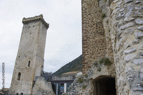 Pacentro, Abruzzo - Italy - The imposing towers of the Caldora or Cantelmo Castle overlook the characteristic mountain village	 photo