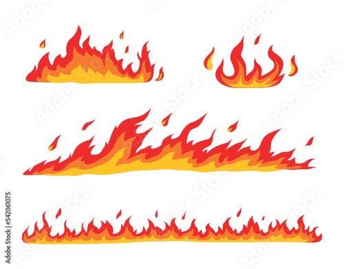 Fire flame. Cartoon bonfire and fiery borders decorative elements. Colorful templates for burning building, vector hot set