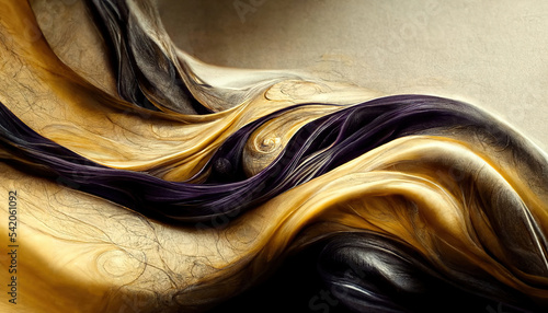 Swirling black lilac and golden organic lines as abstract wallpaper background, illustration