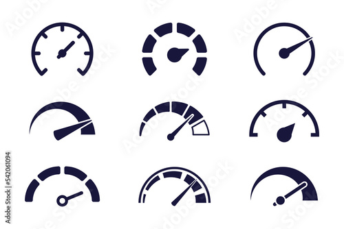 Speed signs. Speedometer black icons set. Speed indicators with arrows. Fast speed. Internet speed, gauge, dashboard, indicator, tachometer, scale. Credit score indicator. Risk levels meter icon photo