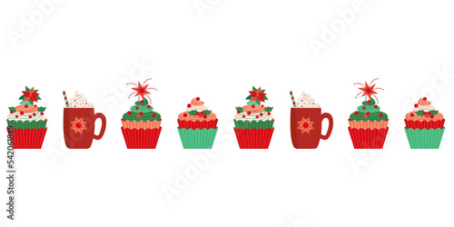 Xmas cupcakes, cocoa mug seamless vector pattern border. Fancy Christmas cupcakes set cartoon design element illustration. Festive event funny decorative frame for banner, flyer card print background