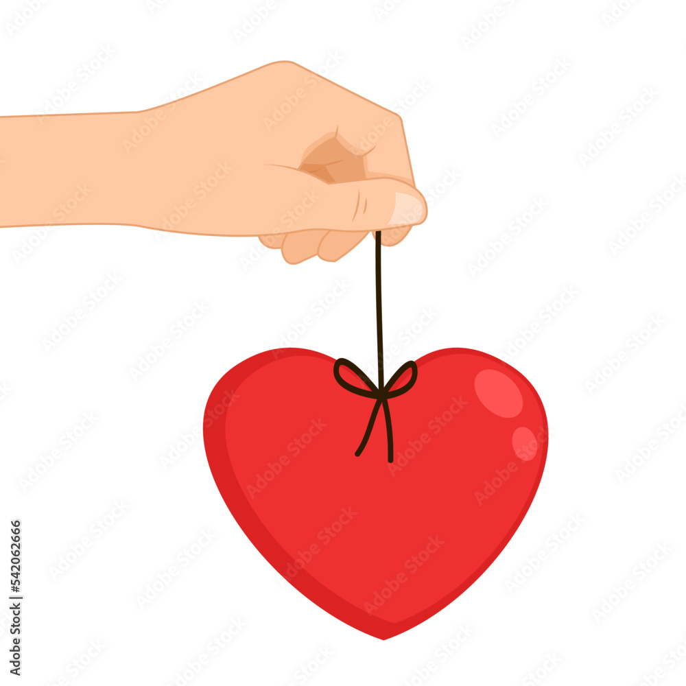 Obraz premium Valentine Day illustration on white color background. Sharing woman hand give red shape heart with word love. Flat style romantic design of love heart for Valentine greeting card.