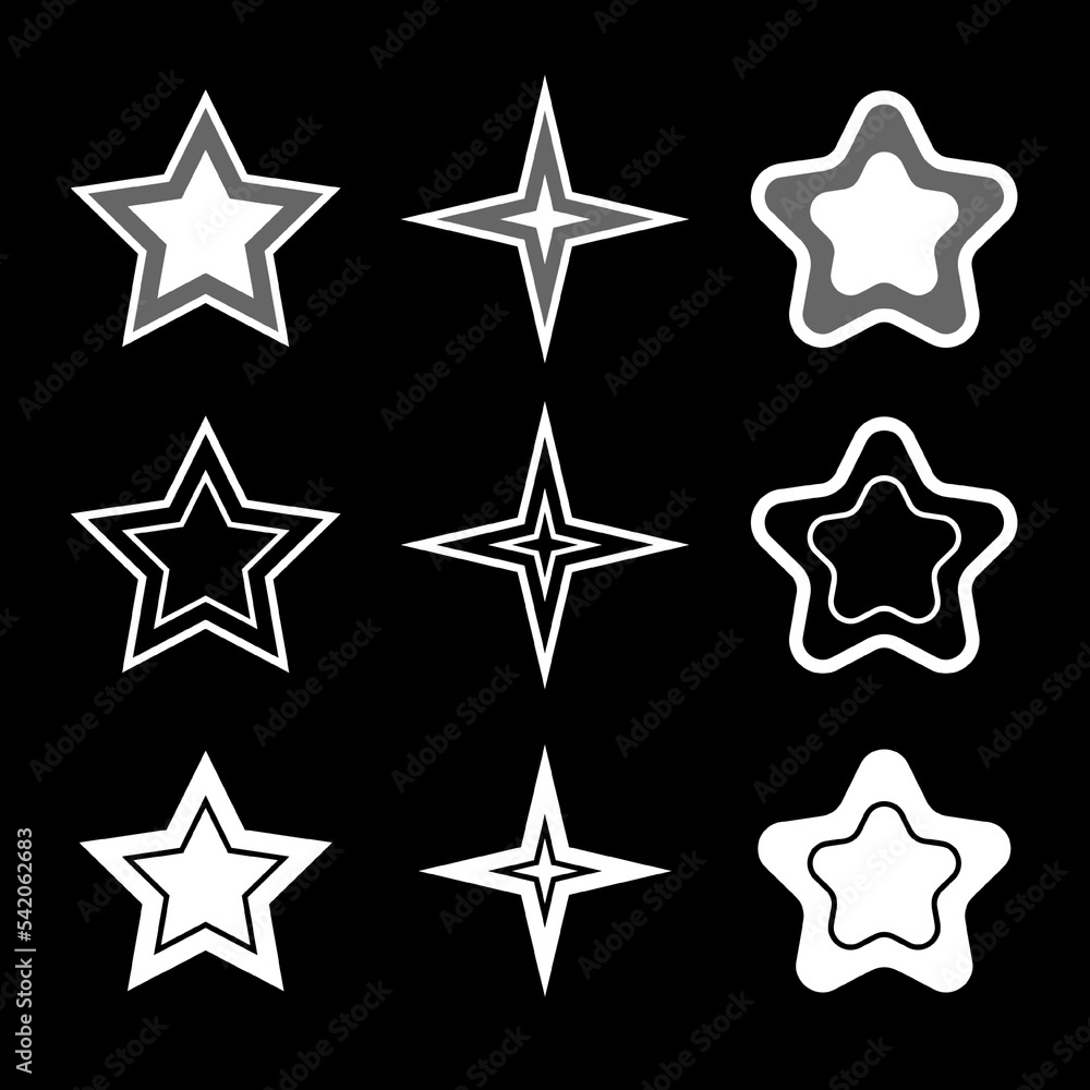 Obraz premium White stars isolated on black background. Beautiful different elements of decor with transparency, contour. Festive decoration. Flat vector illustration
