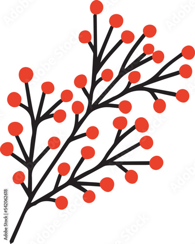 Vector doodle nothern plant with red berries. Hand drawn Christmas witner plant with berries