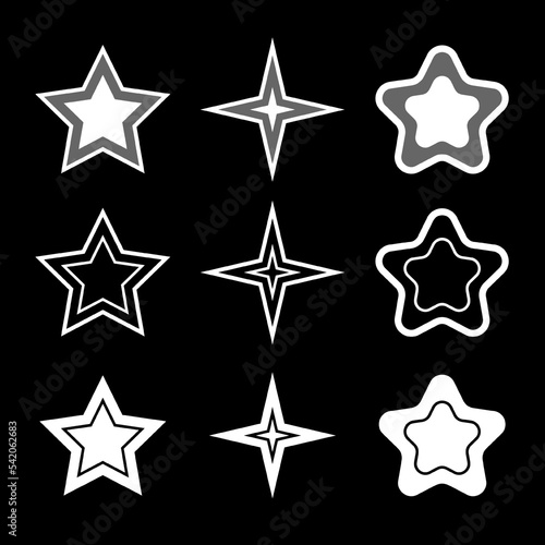 White stars isolated on black background. Beautiful different elements of decor with transparency  contour. Festive decoration. Flat vector illustration