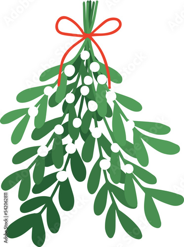 Christmas mistletoe tied with red ribbon vector illustration. Christmas greeting card with winter mistletoe branch