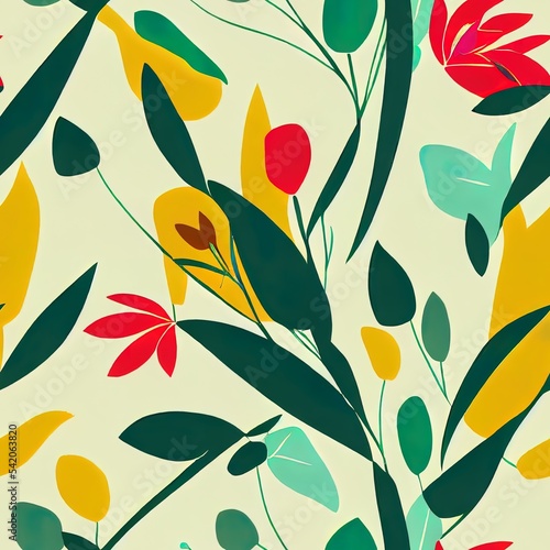 Abstract plants. Simple Various Flowers and Leaves, birds. Set of three Hand drawn colored 2d illustrated Seamless Patterns. Background, wallapaper. Floral design, Naive art. Colorful trendy