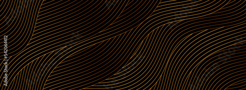 Black abstract background with golden wavy pattern. Art deco ornament vector banner design