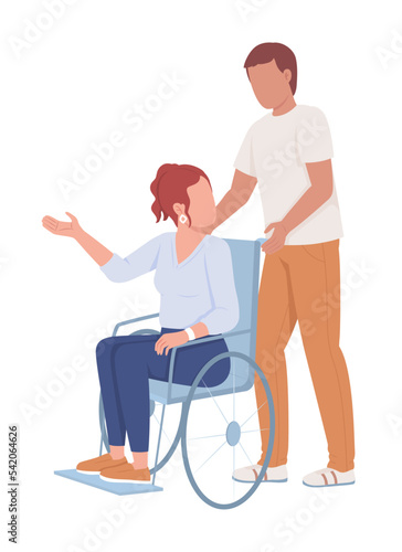 Man supports lady on wheelchair semi flat color vector characters. Editable figures. Full body people on white. Inclusion simple cartoon style illustration for web graphic design and animation